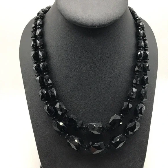 Antique Black Jet Faceted Glass Graduated Double Strand Flower Clasp Necklace - Picture 8 of 8